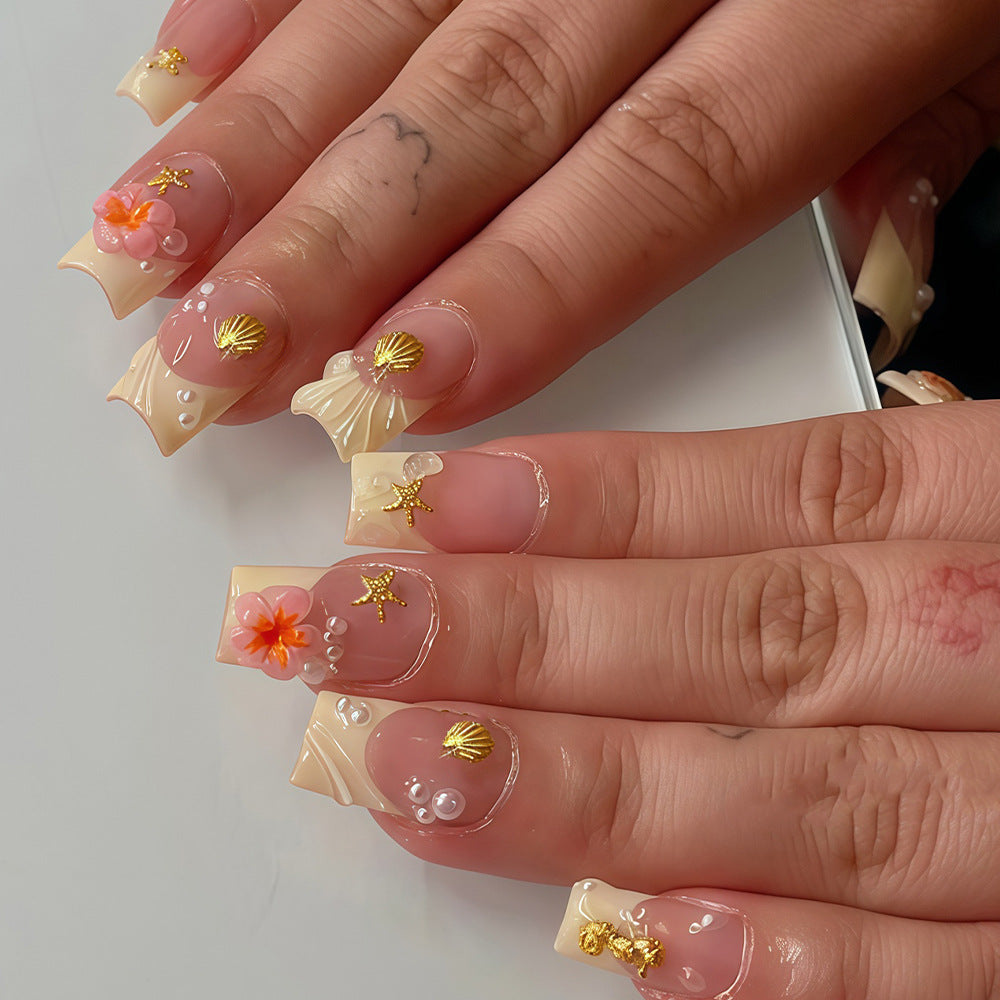 Tropical Shell and Flower Press-On Nail Art Acalora