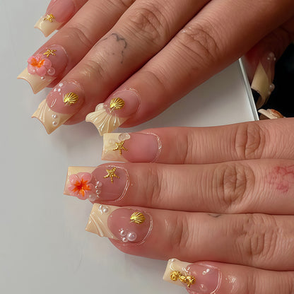 Tropical Shell and Flower Press-On Nail Art Acalora