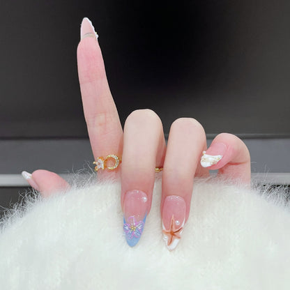 Artistic Press-On Nail Art Set with Floral and Starfish Design Acalora