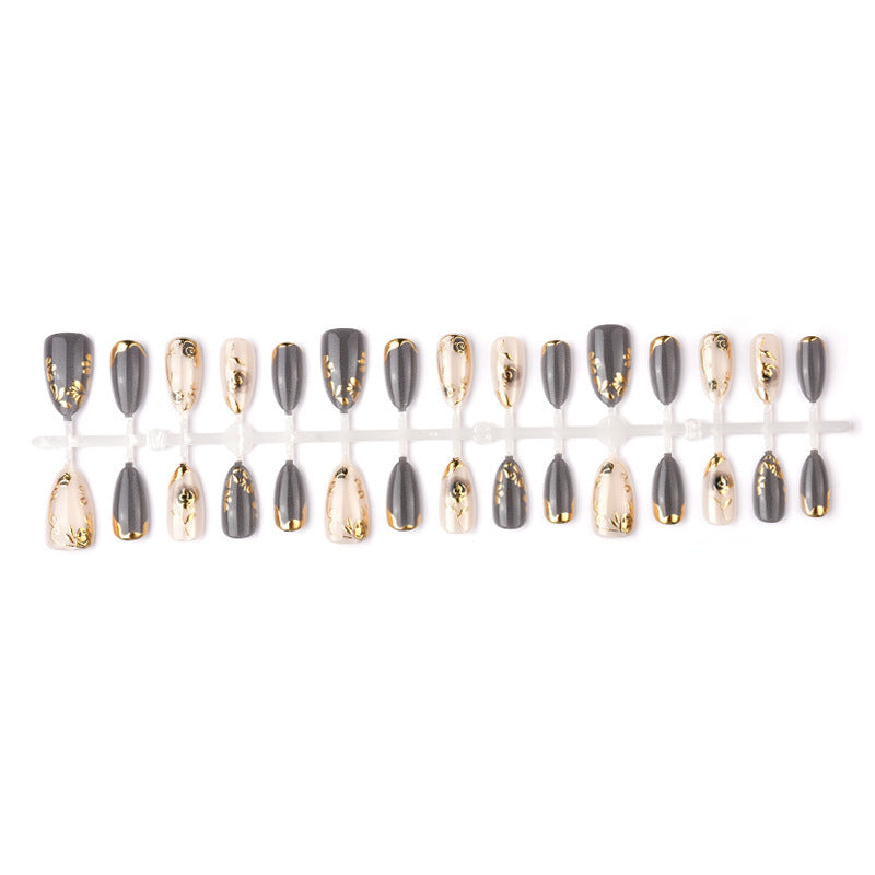 Artificial Nail Set with Elegant Rose Design and Gold Accents Acalora