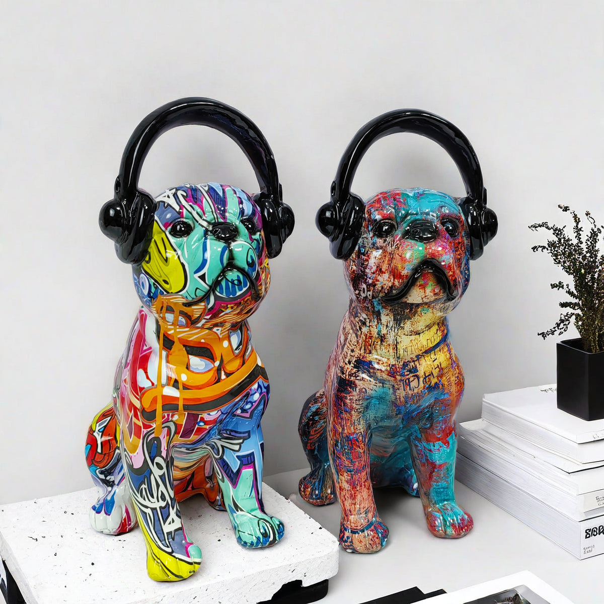 Creative Bulldog Sculpture with Headphones Acalora
