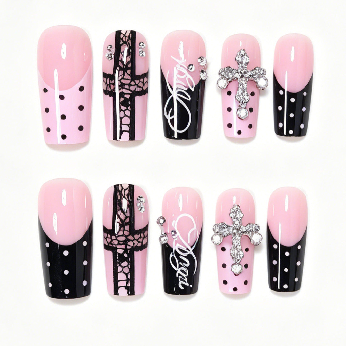 Artistic Long Press-On Nail Design Set with Cross Accents Acalora