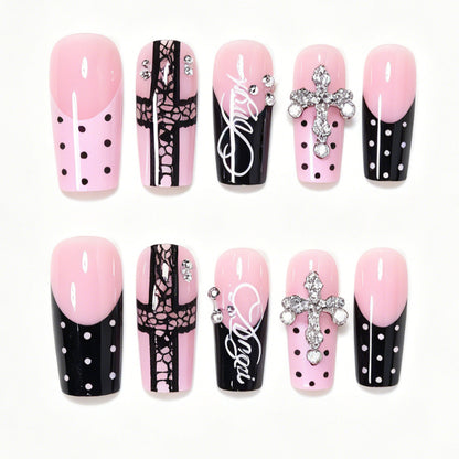 Artistic Long Press-On Nail Design Set with Cross Accents Acalora