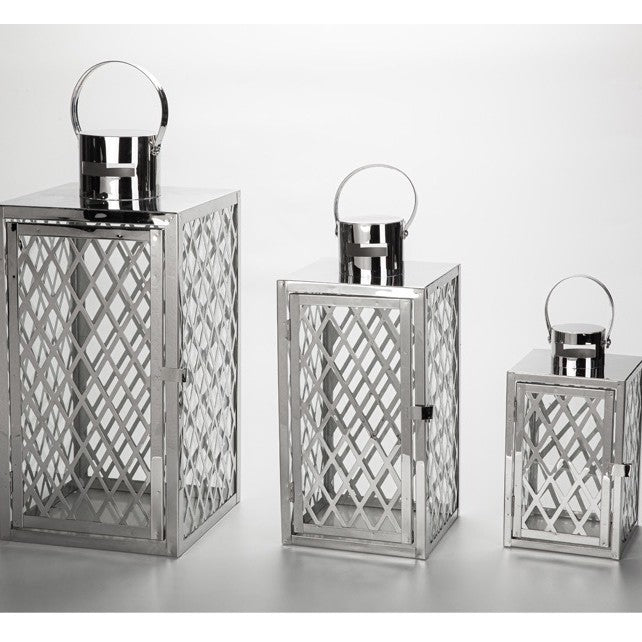 Modern Polished Lattice Metal Lantern Collection with Hinged Door and Top Loop Handle Acalora