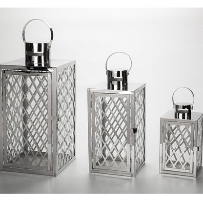 Modern Polished Lattice Metal Lantern Collection with Hinged Door and Top Loop Handle Acalora
