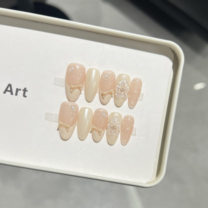 Decorative Press-On Nail Art Set with Bow and Floral Embellishments Acalora
