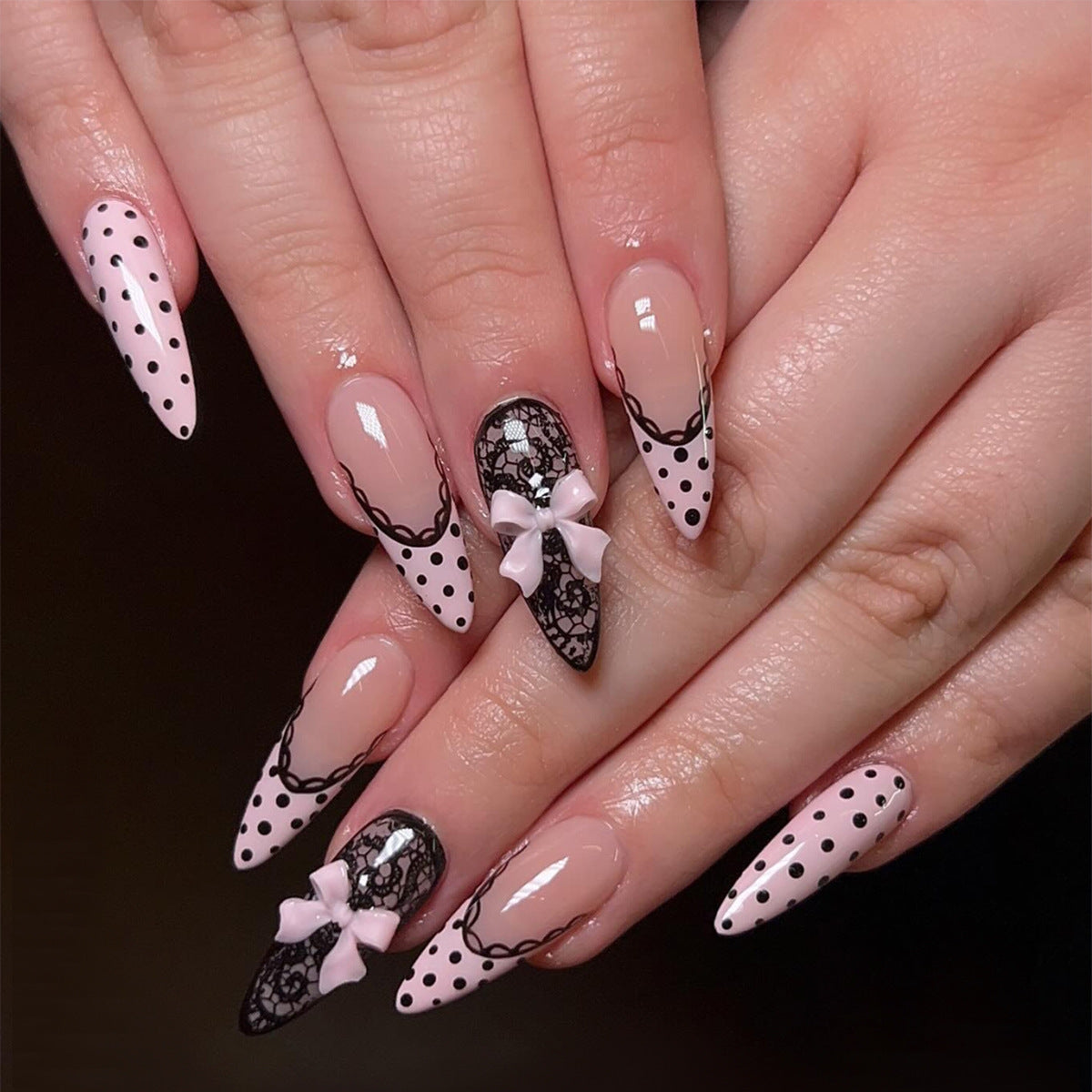 Elegant Stiletto Press-On Nail Set with Lace and Bow Design Acalora