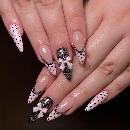 Elegant Stiletto Press-On Nail Set with Lace and Bow Design Acalora