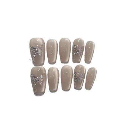 Stylish Press-On Nail Art Set with Elegant Butterfly and Gem Accents Acalora