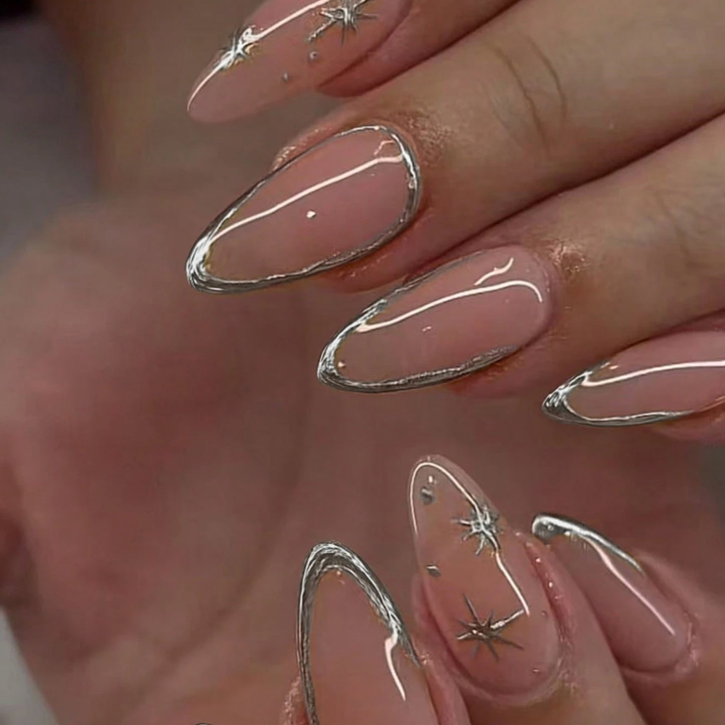 Elegant Stiletto Nail Art Set with Silver Accents Acalora