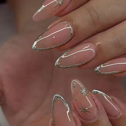 Elegant Stiletto Nail Art Set with Silver Accents Acalora