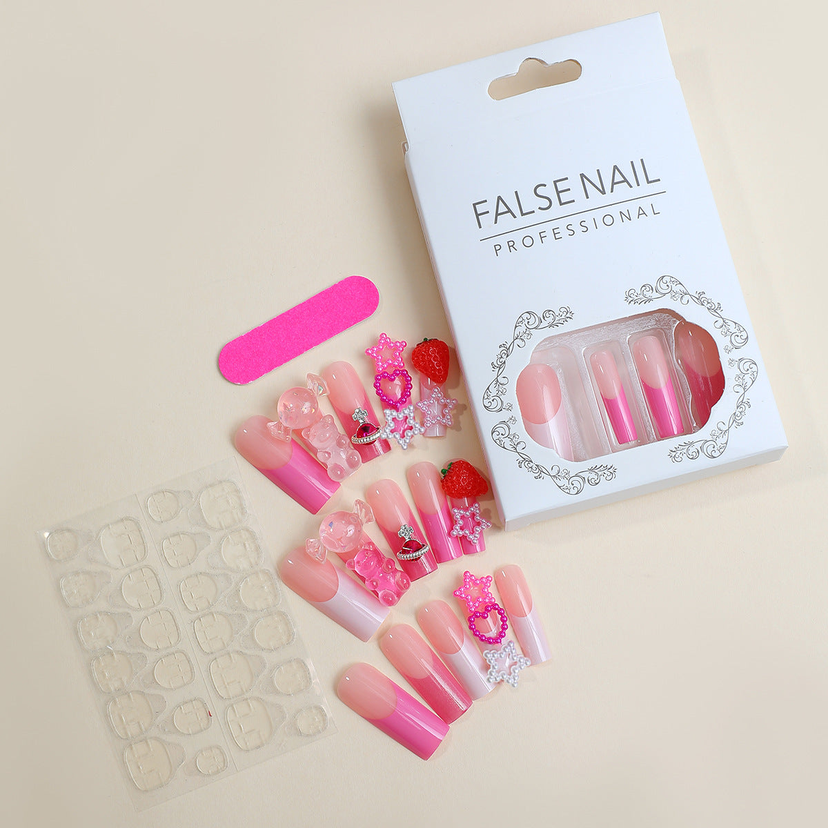 Decorative False Nail Art Set with 3D Embellishments Acalora