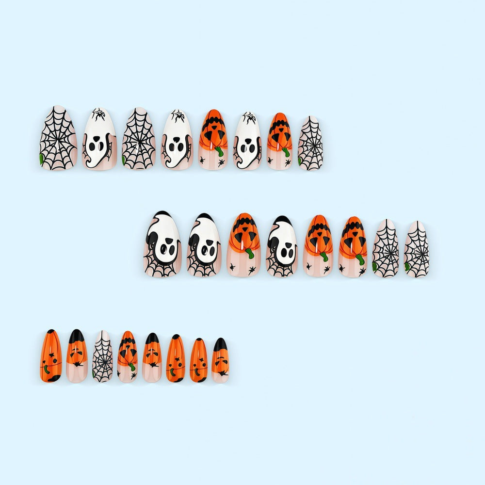 Halloween-themed artificial nails with spooky ghost and pumpkin design Acalora
