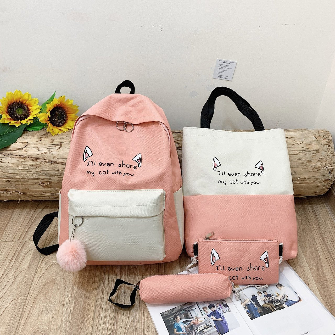 Fun-Themed Cat Print Backpack Set Acalora