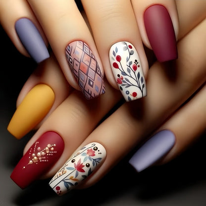 Artificial Nails Set with Floral and Geometric Patterns Acalora
