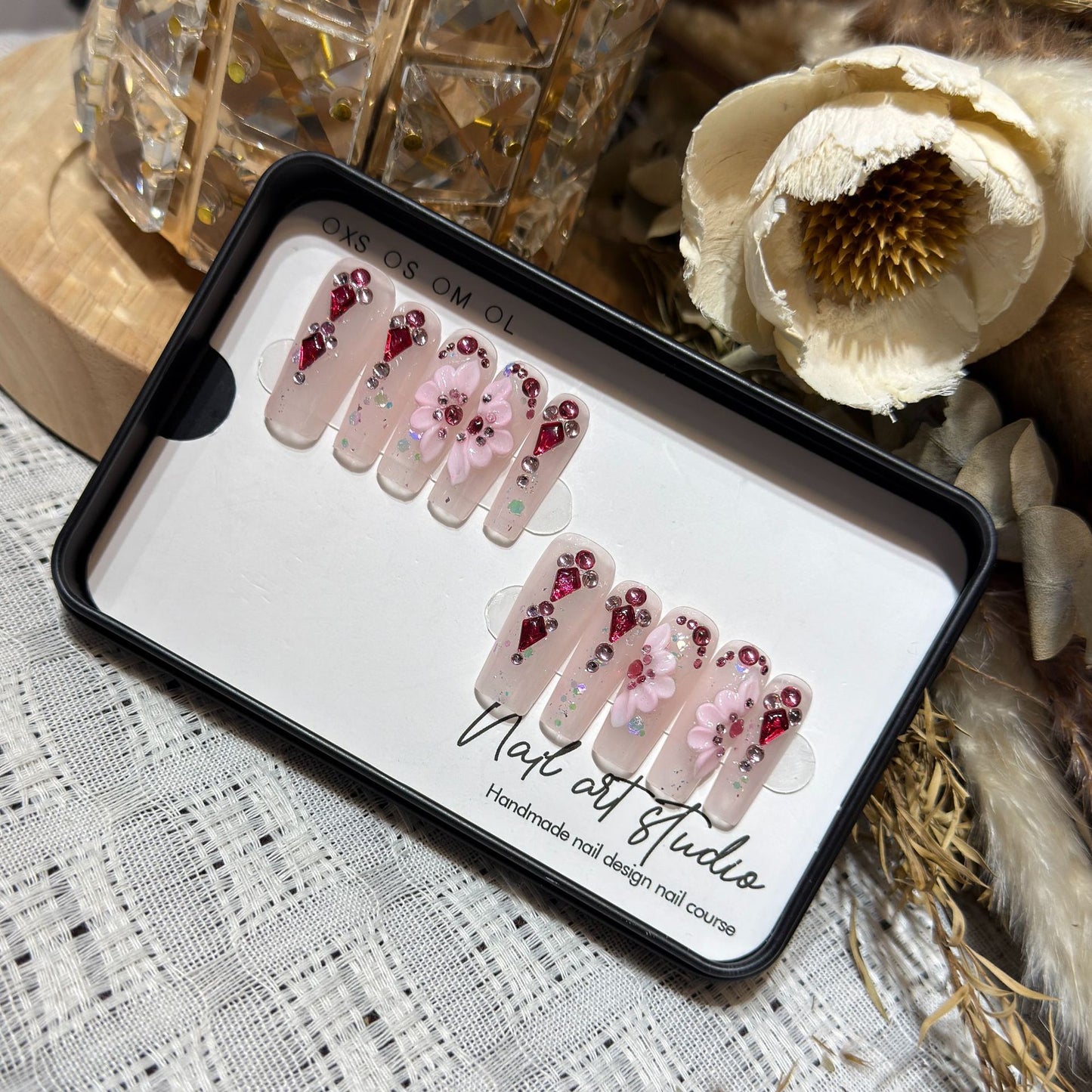 Floral-Themed Press-On Nail Set with Gemstone Accents Acalora
