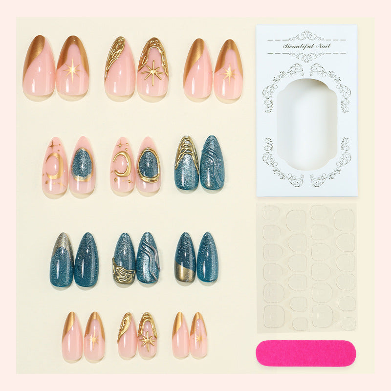 Artistic Press-On Nail Art Set with Gold Accents Acalora