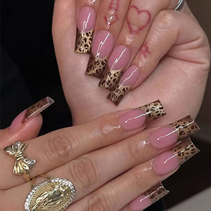 Elegant Leopard Print French Tip Press-On Nails Acalora