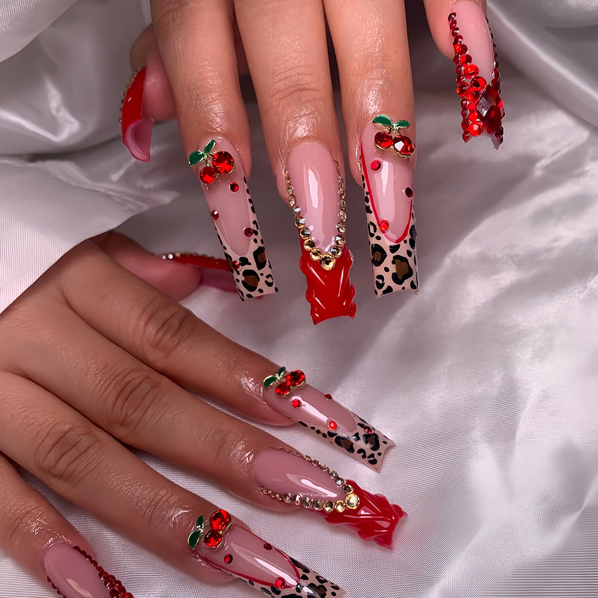 Decorative Long Press-On Nail Set with Gemstone and Floral Accents Acalora
