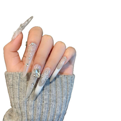 Decorative Stiletto Press-On Nail Art Set with Elegant Lace and Gemstone Accents Acalora