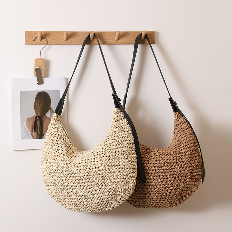 Women's Handmade Shoulder Bag made of braided natural material with a narrow leather strap Karnz