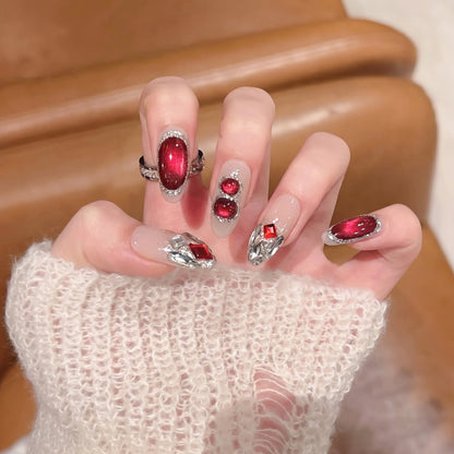 Premium Decorative Press-On Nail Set with Gemstone Accents Acalora