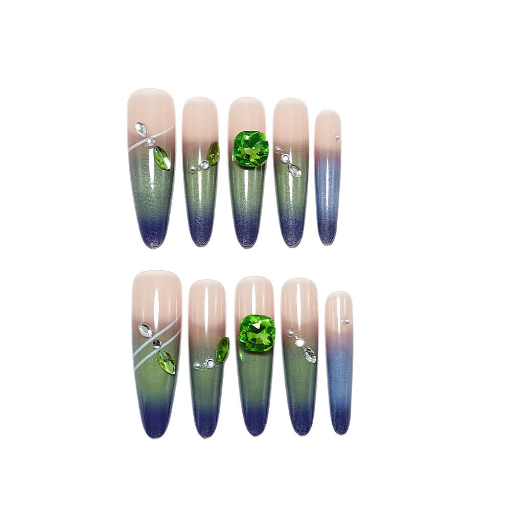 Artificial nails with elegant ombre design and rhinestone applications Acalora