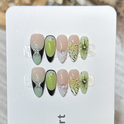 Artistic Press-On Nail Set with Butterfly and Floral Designs Acalora