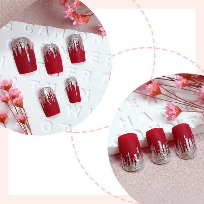 Artistic Press-On Nail Set with Silver Drip Design Acalora