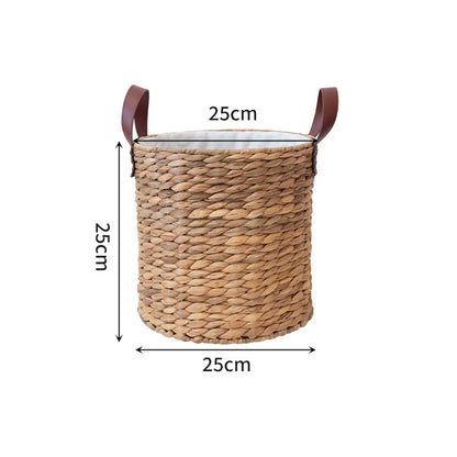 Braided storage basket with leather handles