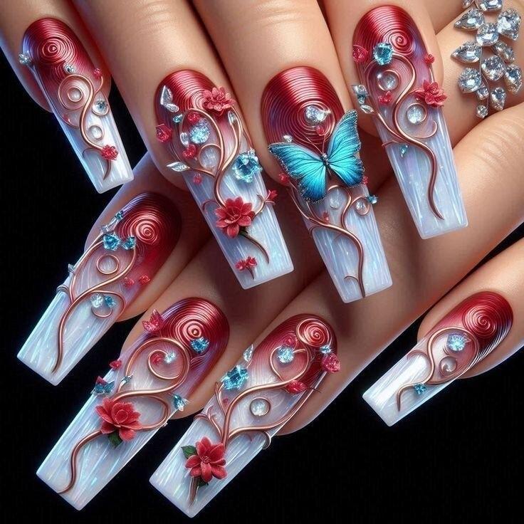 Artificial nails with floral 3D applications and glitter accents Acalora