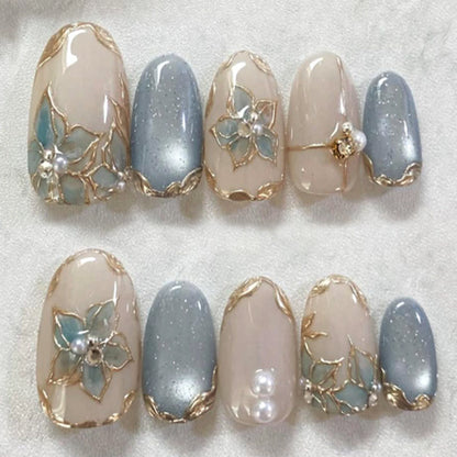 Elegant Floral Embellished Press-On Nail Set Acalora