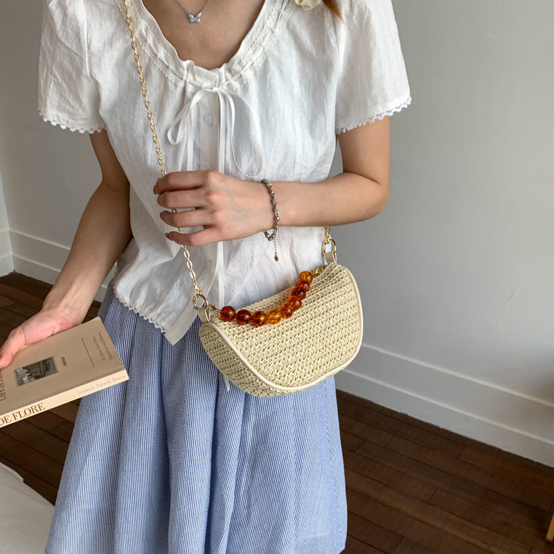 Stylish Woven Handbag with Beaded Handle Acalora