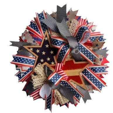 Unisex nan handcrafted Americana medallion wreath with layered deco mesh ribbons star motif bows and rustic sign Bowlift