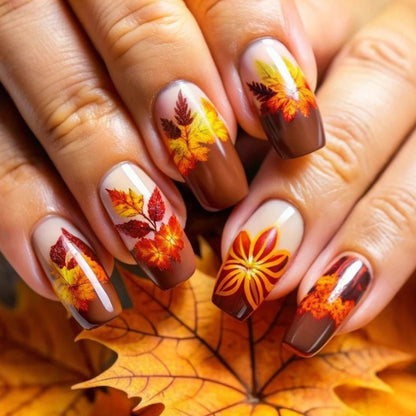 Artificial nails in elegant autumn design with leaf motifs Acalora