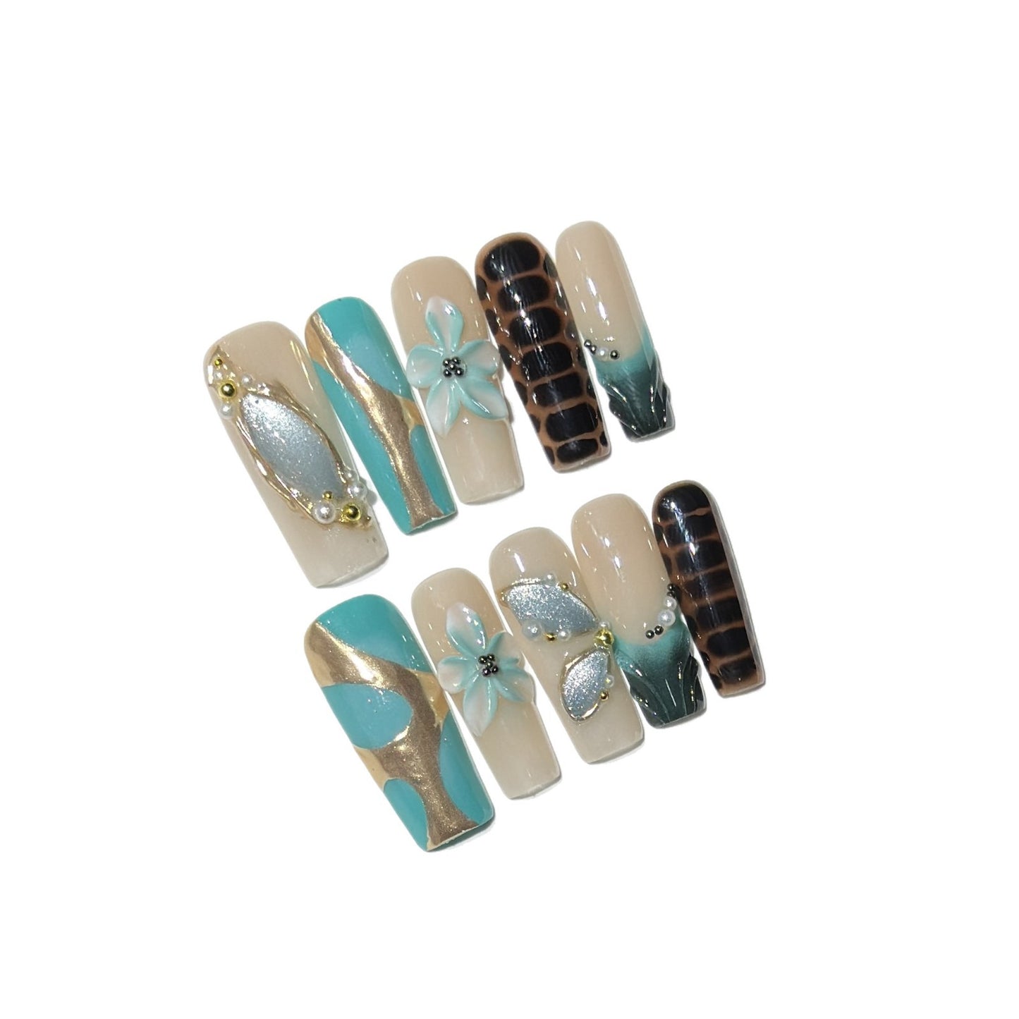 Artistic Press-On Nail Art Set with Floral and Geometric Designs Acalora