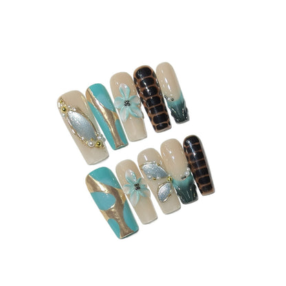 Artistic Press-On Nail Art Set with Floral and Geometric Designs Acalora