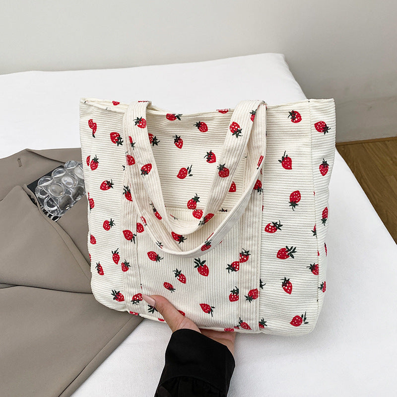 Playful Strawberry Print Corduroy Tote Bag Acalora