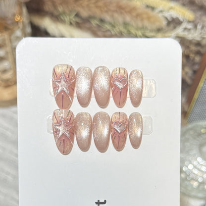 Fashionable Press-On Nail Set with Glamorous Star and Heart Designs Acalora