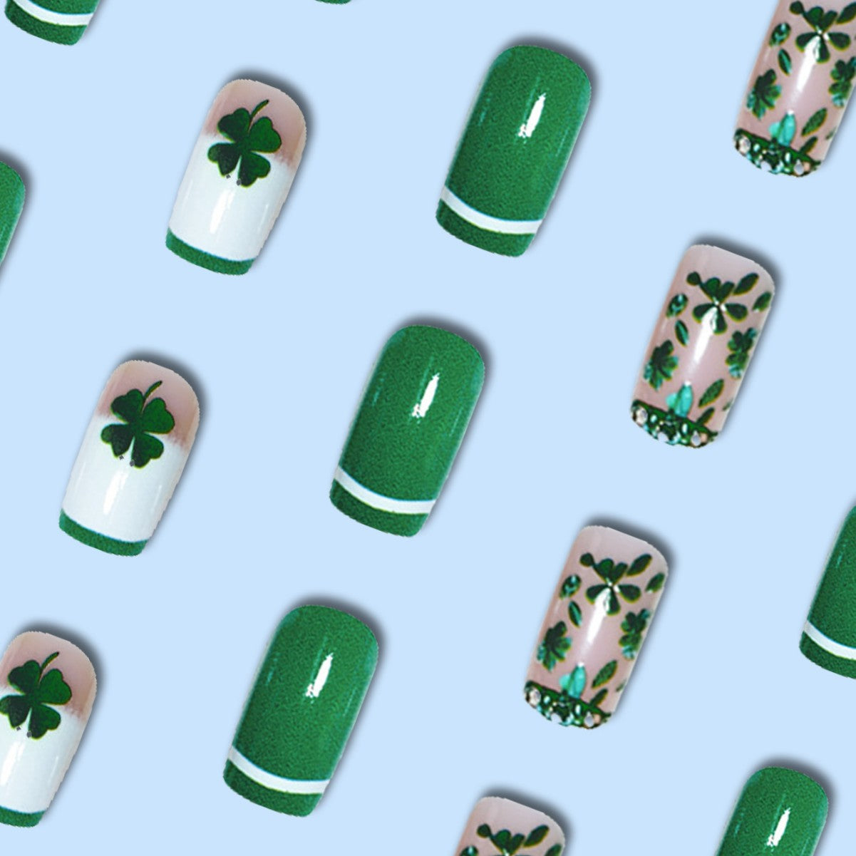 Glamorous Press-On Nail Art Set with Clover Motif Acalora