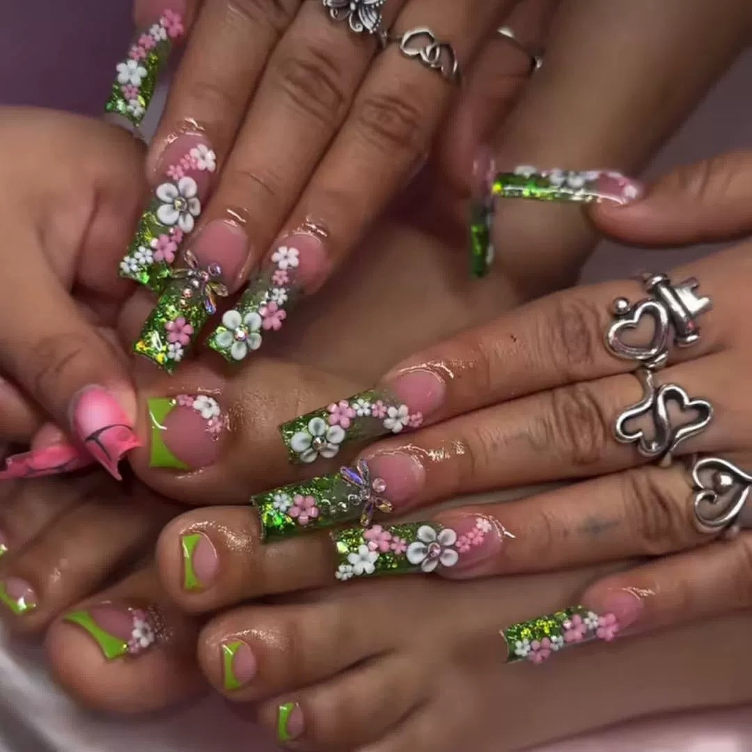 Floral Themed Long Press-On Nails Acalora