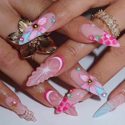 Artistic Press-On Nail Set with 3D Elements Acalora
