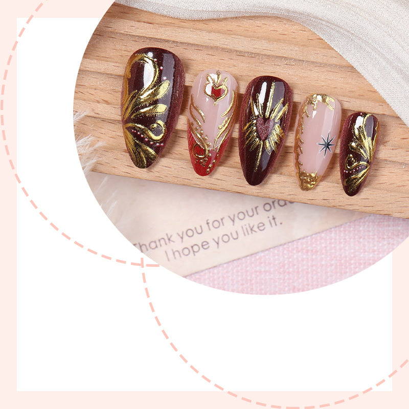Decorative Press-On Nail Art Set with Intricate Gold Floral Design Acalora