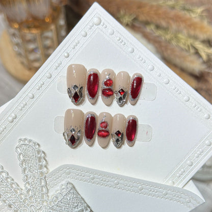 Premium Decorative Press-On Nail Set with Gemstone Accents Acalora