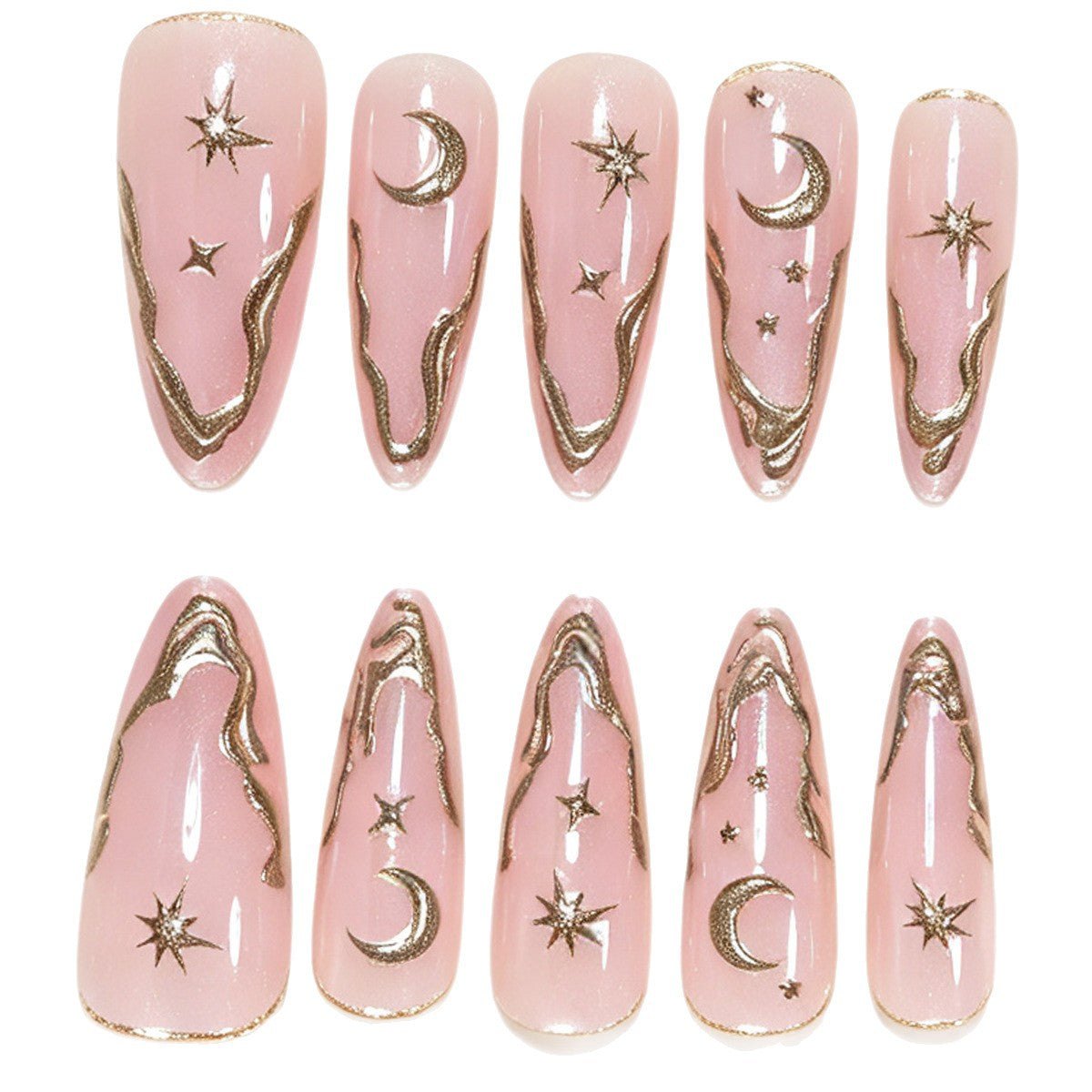 Artistic Stiletto Nail Art Tips with Celestial Accents Acalora