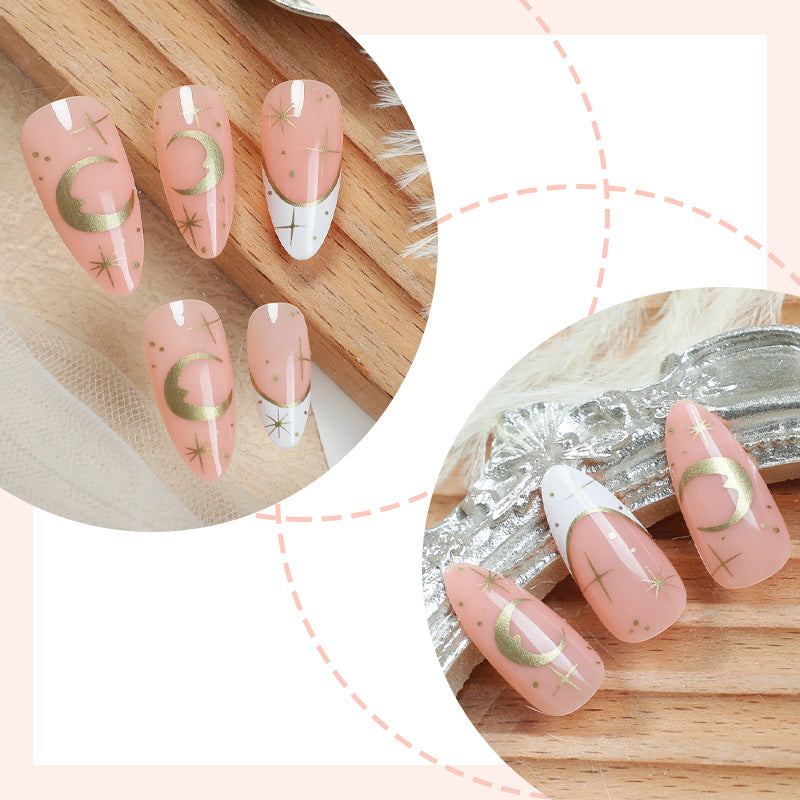 Artistic Press-On Nail Set with Geometric Moon and Star Designs Acalora