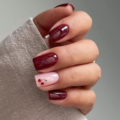 Elegant Press-On Nail Set with Cherry Accent Design Acalora