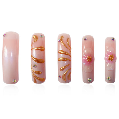 Glamorous 3D Floral Press-On Nails with Gold Accents Acalora