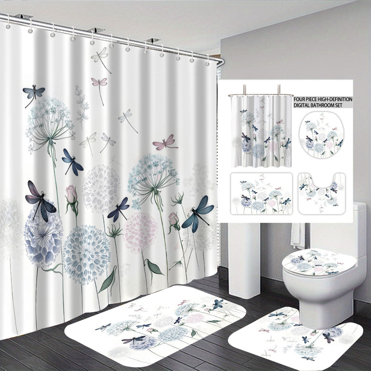 Artistic Dragonfly-Themed Four-Piece Digital Bathroom Set