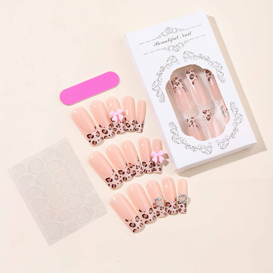 Artistic Press-On Nail Kit with Charming Leopard and Bow Designs Acalora